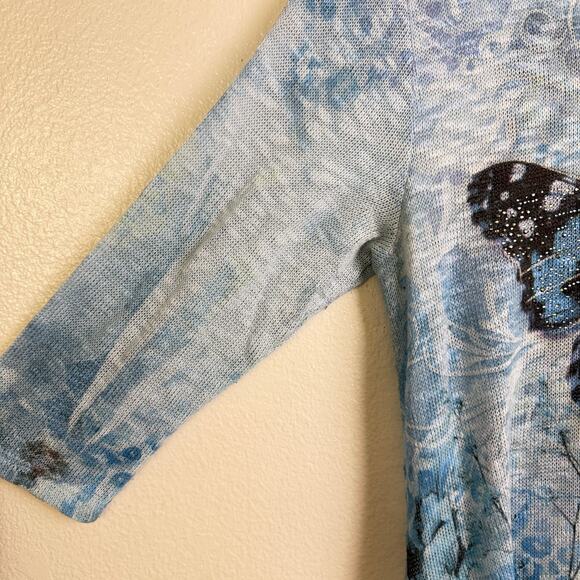 Cactus Sweater Top Womens Medium Blue Multi Butterflies Rhinestones Embellish * - Picture 5 of 10
